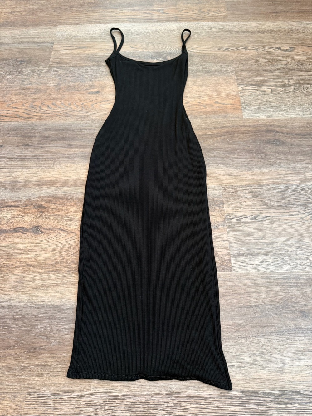 Windsor Black Ribbed Bodycon Maxi Dress Low Back Slit Spaghetti Strap Small